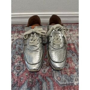 Sofft Raina‎ Wave Lace Up Sneakers Silver Metallic Snake Embossed Leather Size 9